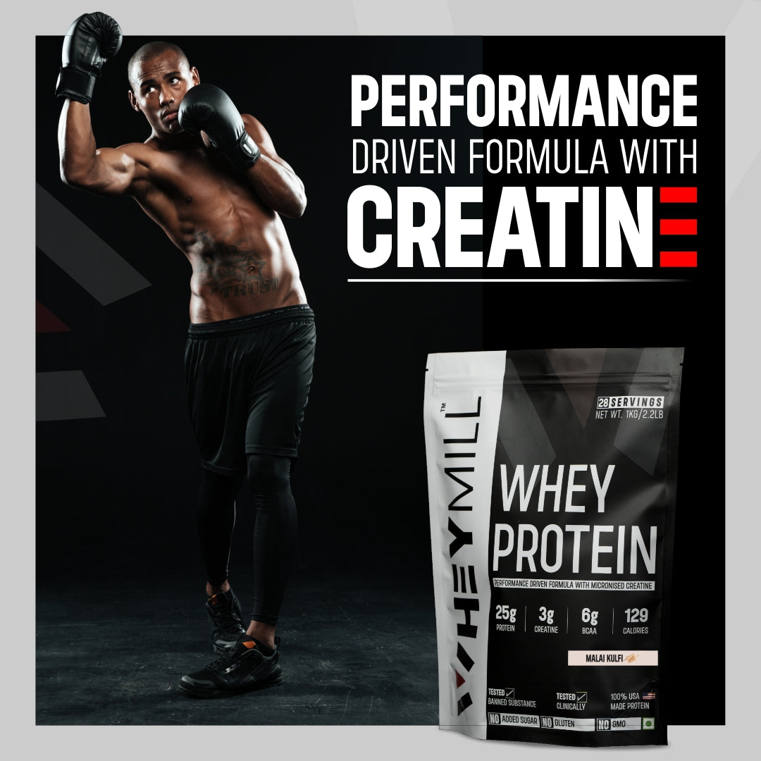 Whey Protein Powder | 25g Protein, 3g Creatine, 6g BCAA | Easy Mixing, Low Carbs with Creatine | For Men & Women