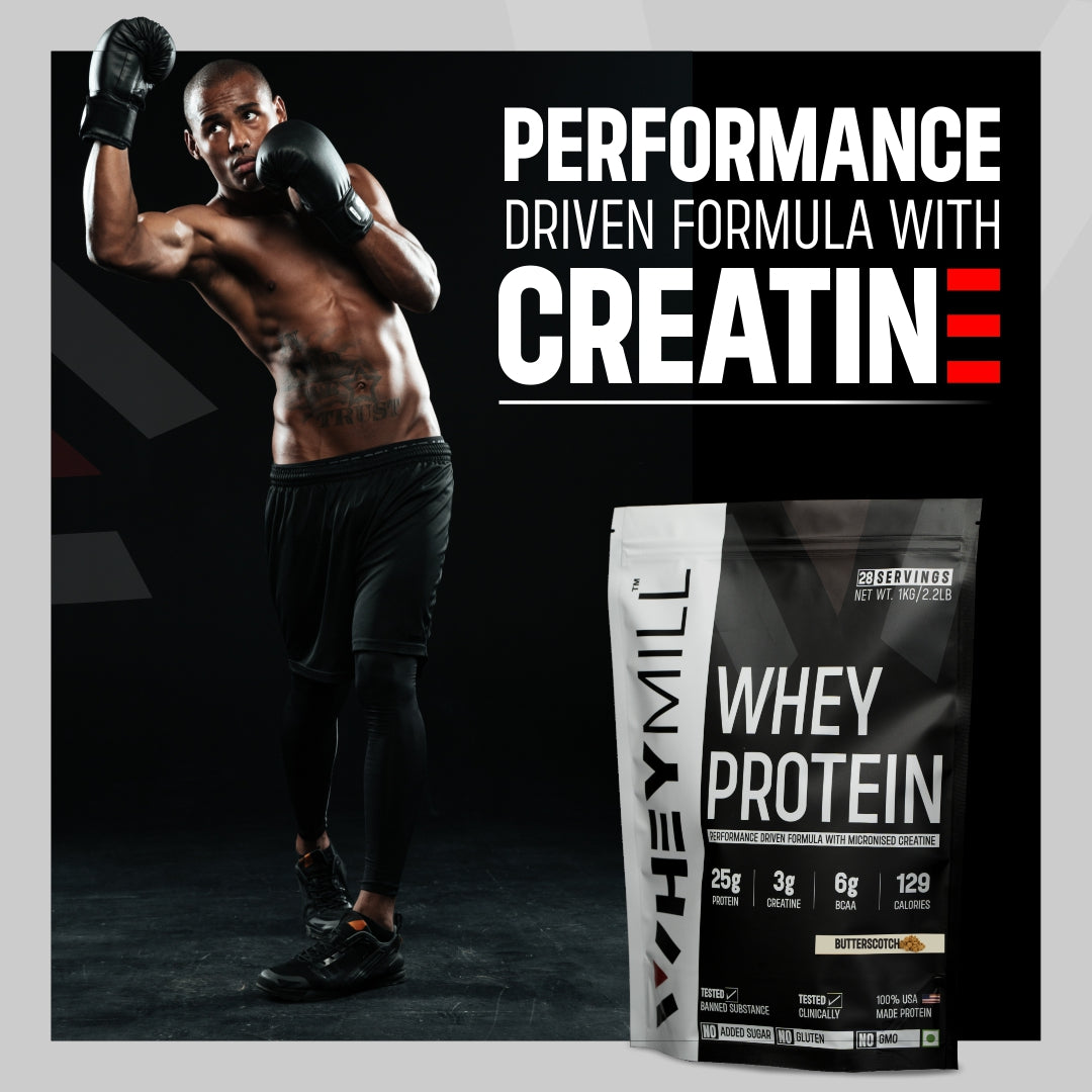 Whey Protein Powder | 25g Protein, 3g Creatine, 6g BCAA | Easy Mixing, Low Carbs with Creatine | For Men & Women