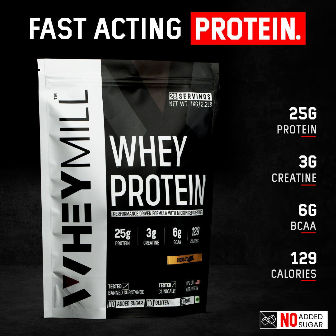 Whey Protein Powder | 25g Protein, 3g Creatine, 6g BCAA | Easy Mixing, Low Carbs with Creatine | For Men & Women