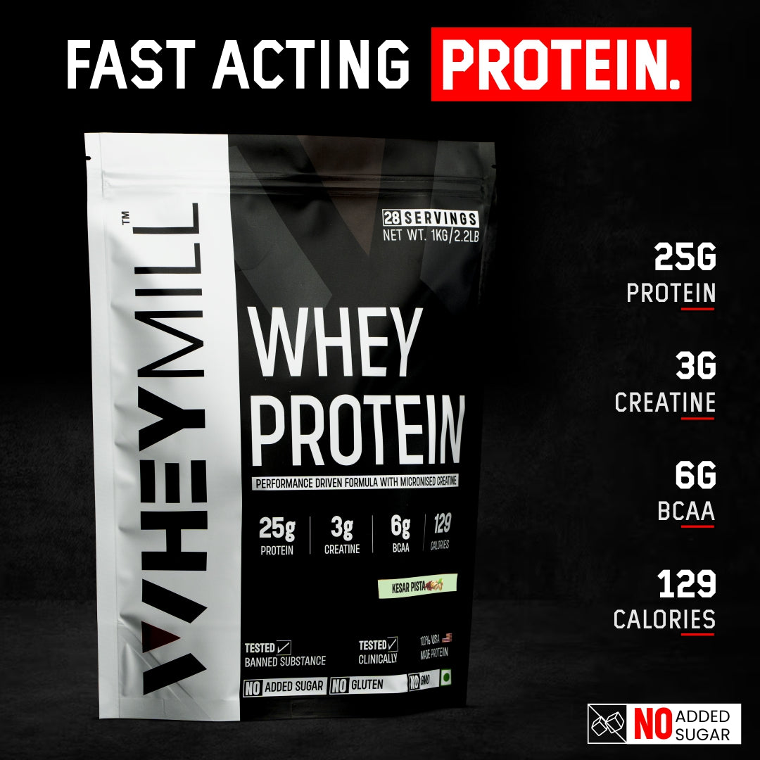 Whey Protein Powder | 25g Protein, 3g Creatine, 6g BCAA | Easy Mixing, Low Carbs with Creatine | For Men & Women